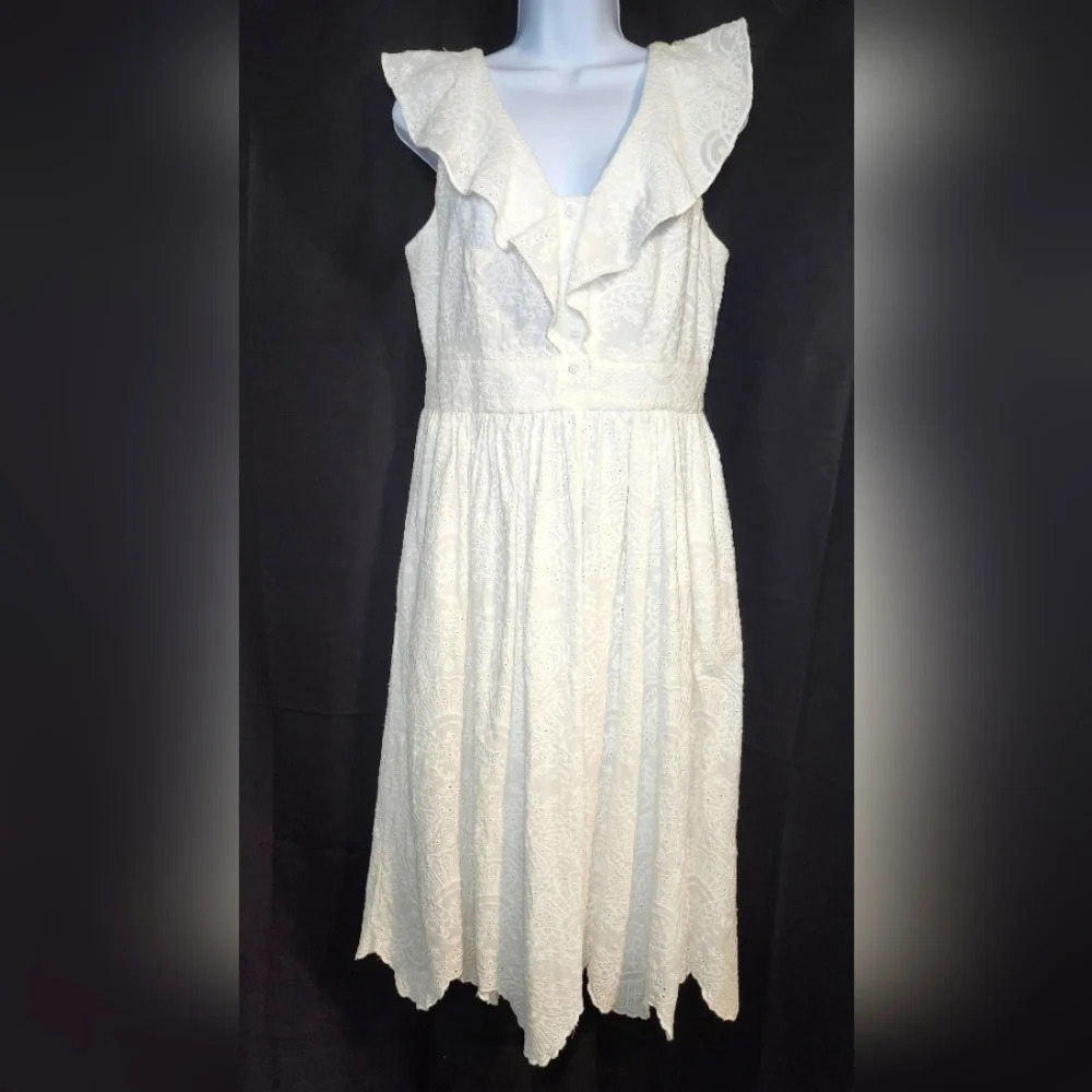 Cremieux‎ White Eyelet Ruffle Midi Dress Womens Size 8 Summer Preppy Scallop Hem